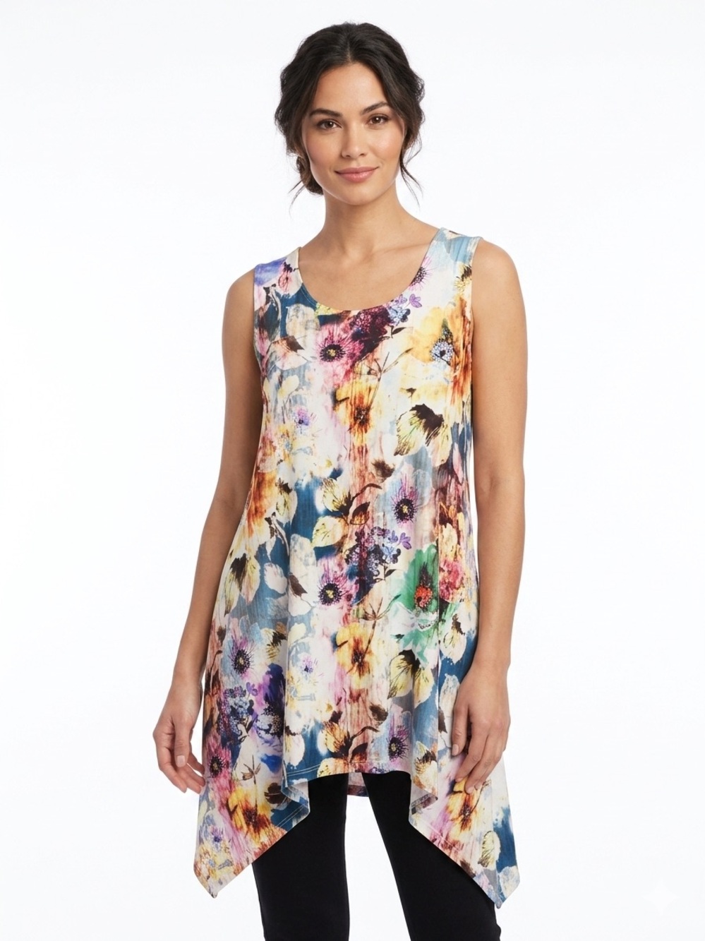 Women's Floral Watercolor Sleeveless Tunic Tank Top - Multicolor
